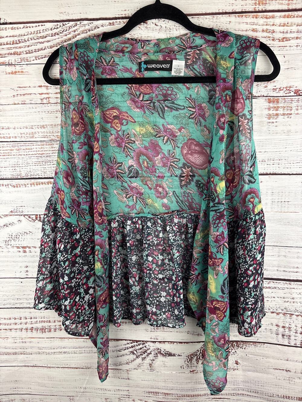 Womens Weavers Teal Floral Sheer Open Front Vest Kimono Peplum Ruffle Boho Sz M